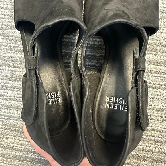 Eileen Fisher Black Iris Nubuck Leather Block Heel Cut-Out Sandal Open Toe 7.5 - Picture 4 of 10